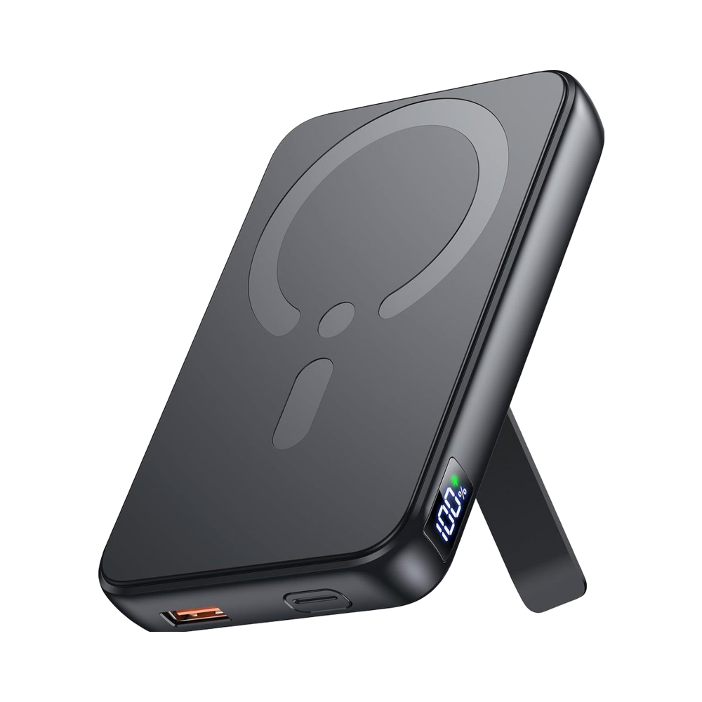 Magnetic Power Bank 10000Mah Wireless Portable Charger with USB-C Cable LED Display Foldable Battery Pack for Iphone 16/15/14/13/12/Pro/Pro Max Series Charging Compact Silicone Black